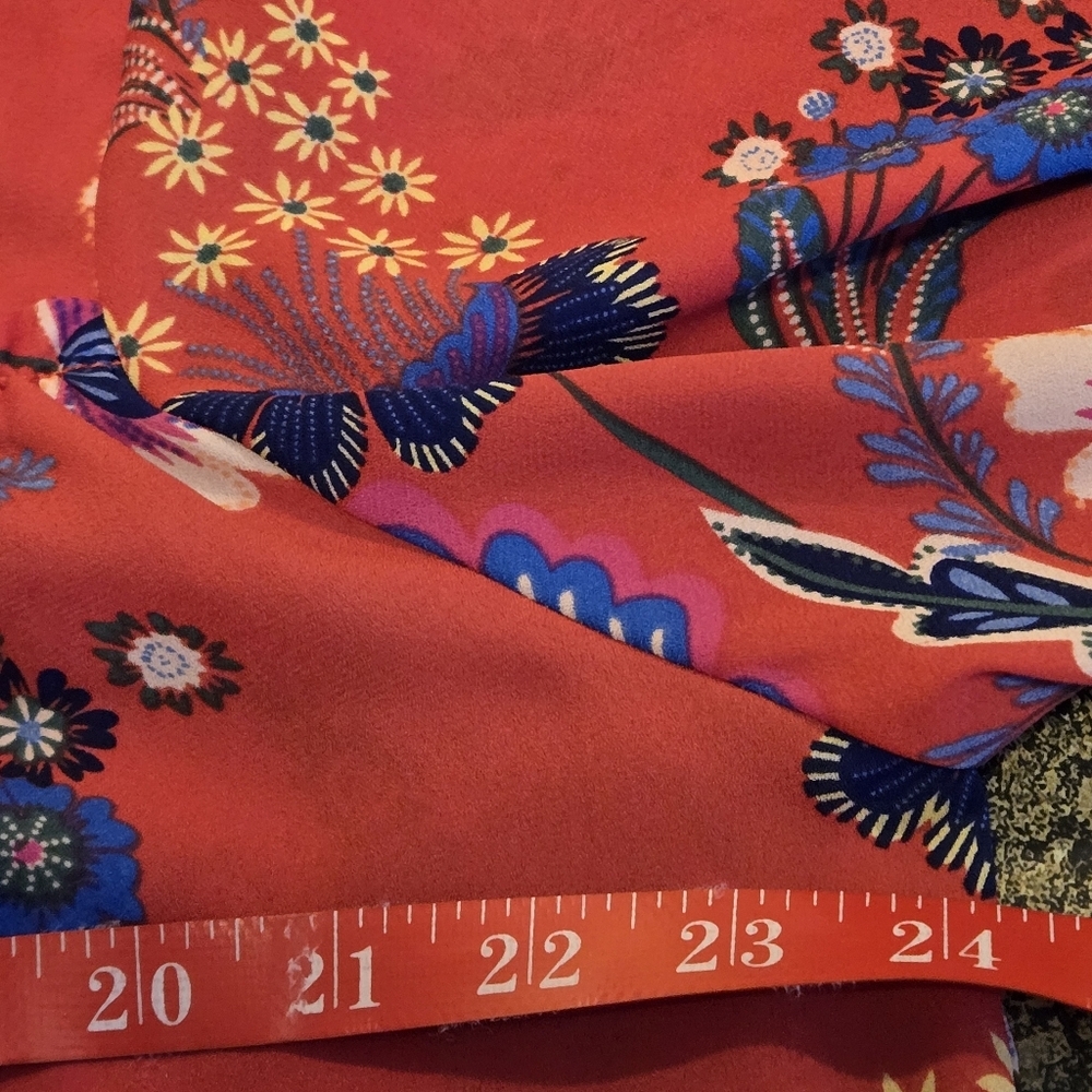 Zac & Rachel Womens L Red Floral Peasant Blouse Tie Neck Boho Flowy Tunic Top - Picture 8 of 13